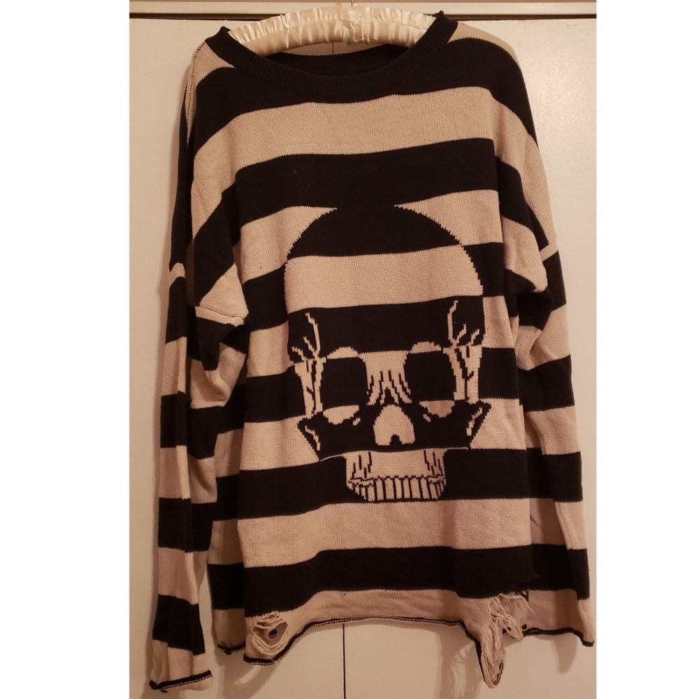 Iron fist distressed striped skull sweater